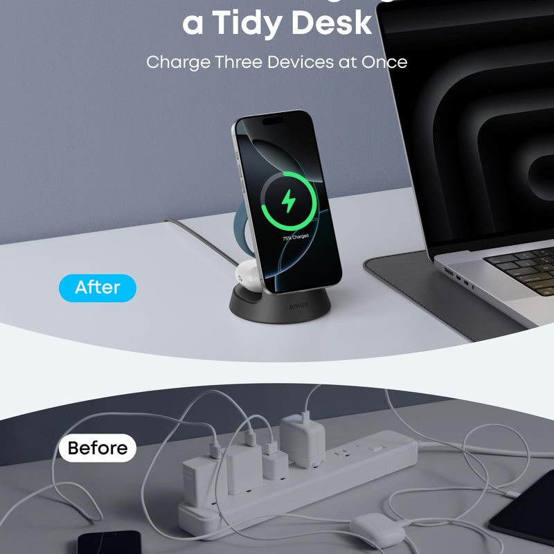Anker MagGo 3-in-1 Wireless Charging Station dock stand with black finish, designed for charging multiple devices simultaneously