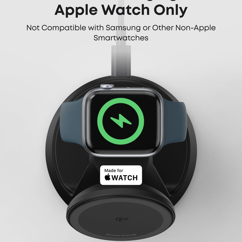 Anker MagGo 3-in-1 wireless charging station with black dock stand for smartphones, AirPods, and Apple Watch.