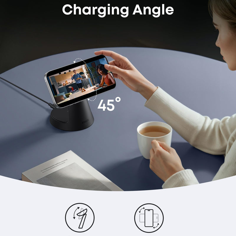 Anker MagGo wireless charging station 3-in-1 dock stand in black with space for phone, smartwatch, and earbuds.
