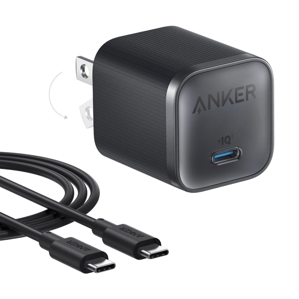 Anker Nano 45W charger with black USB-C to USB-C cable for fast charging and versatile device compatibility.
