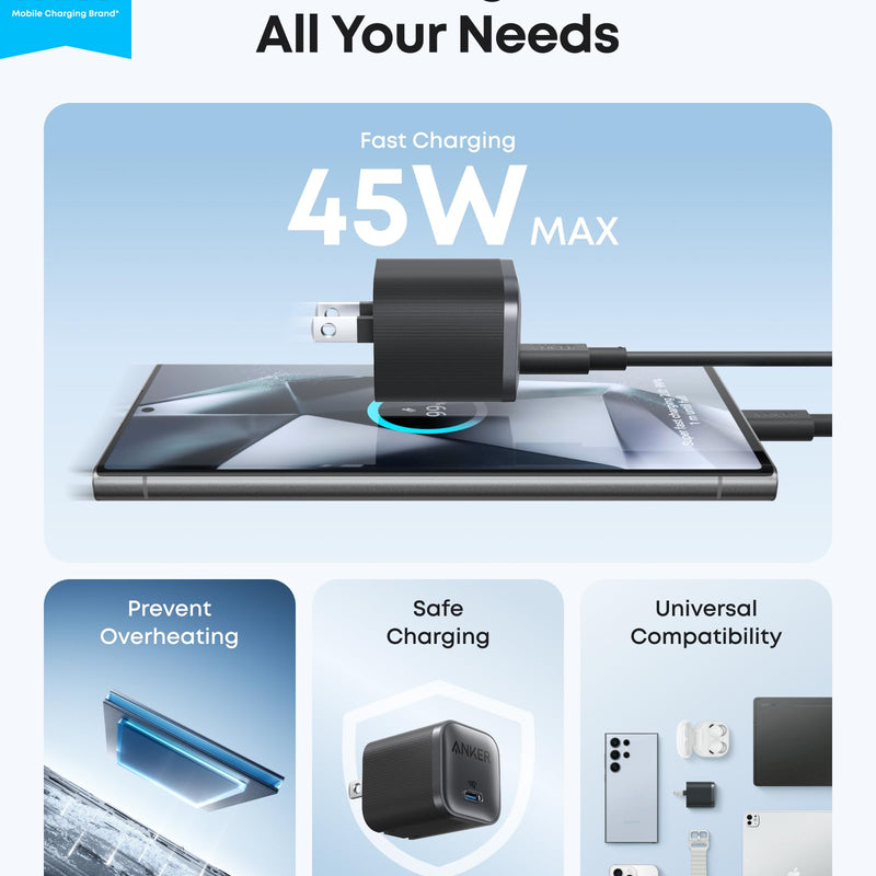 Anker Nano 45W USB-C charger with black compact design and included USB-C to USB-C cable for fast charging.