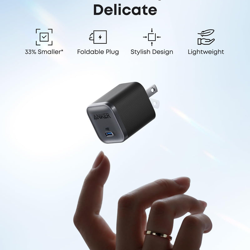 Anker Nano 45W USB-C charger with black compact design and included USB-C to USB-C cable for fast device charging.