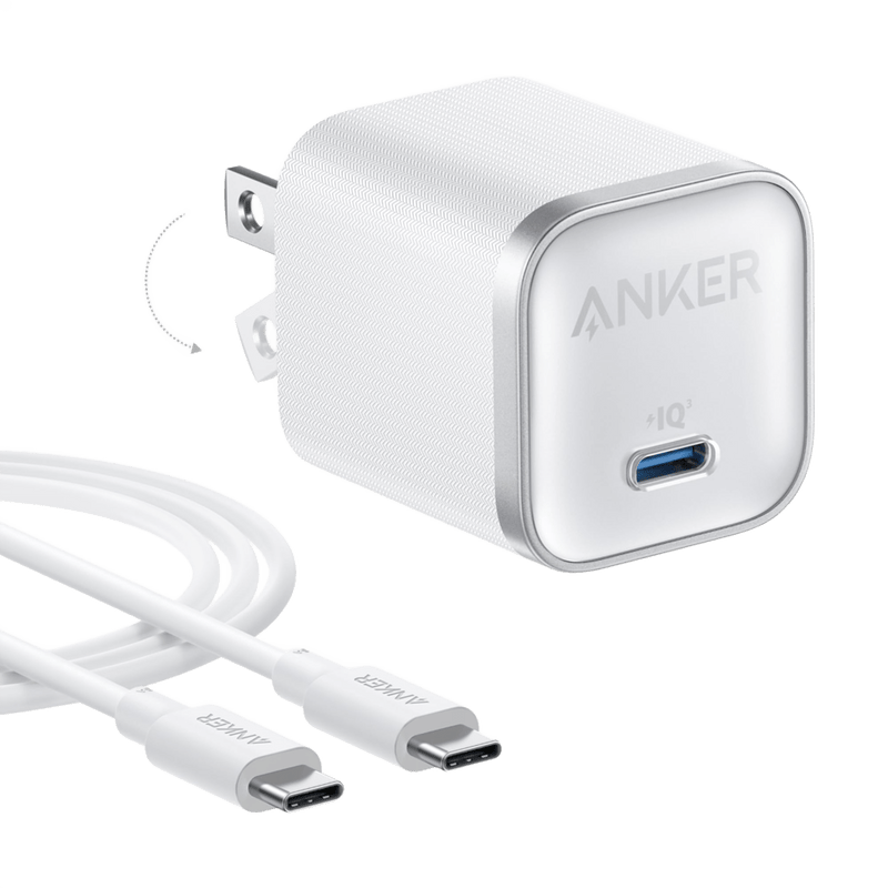 Anker Nano 45W charger with black USB-C to USB-C cable, compact power adapter for fast charging devices