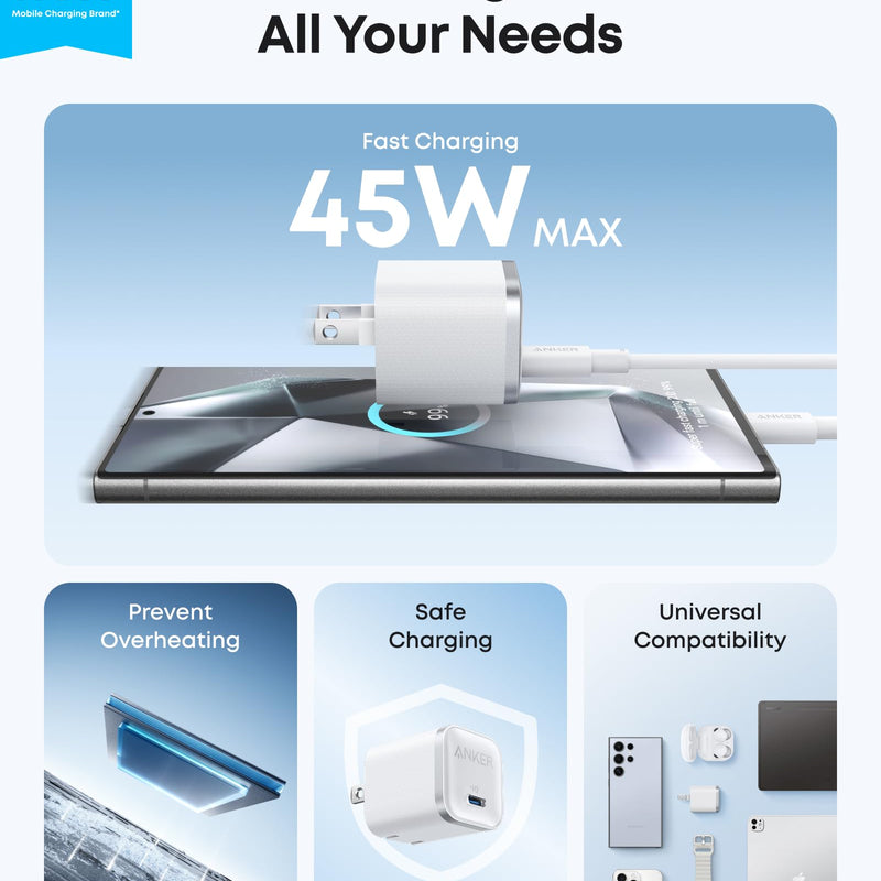 Anker Nano 45W charger with black USB-C to USB-C cable, compact power adapter for fast charging devices.