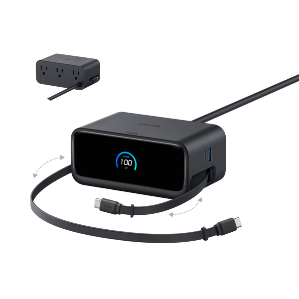 Anker Nano 7-in-1 100W charging station in black with multiple USB-C and USB-A ports for versatile device charging.