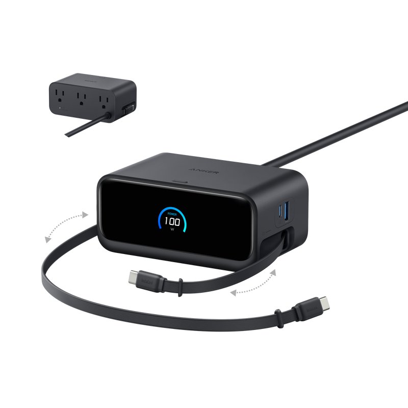 Anker Nano 7-in-1 100W charging station in black with multiple USB-C and USB-A ports for versatile device charging.
