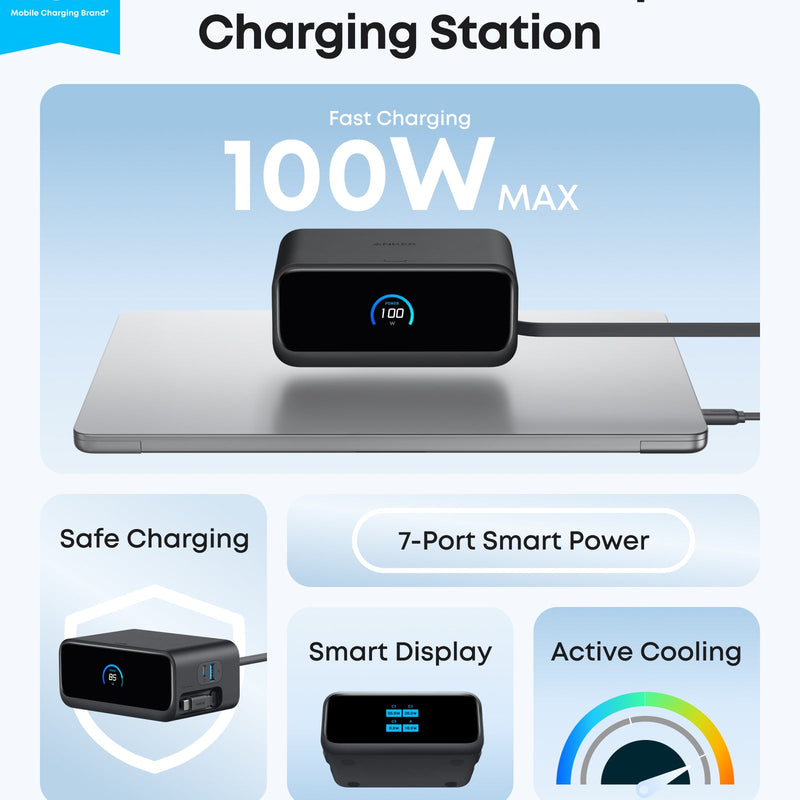 Anker Nano 7-in-1 100W charging station with multiple ports and sleek black design for efficient device charging.