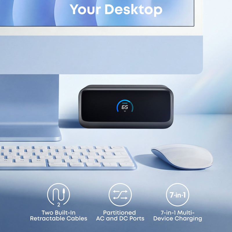 Anker Nano 7-in-1 100W charging station in black with multiple ports for fast device charging.