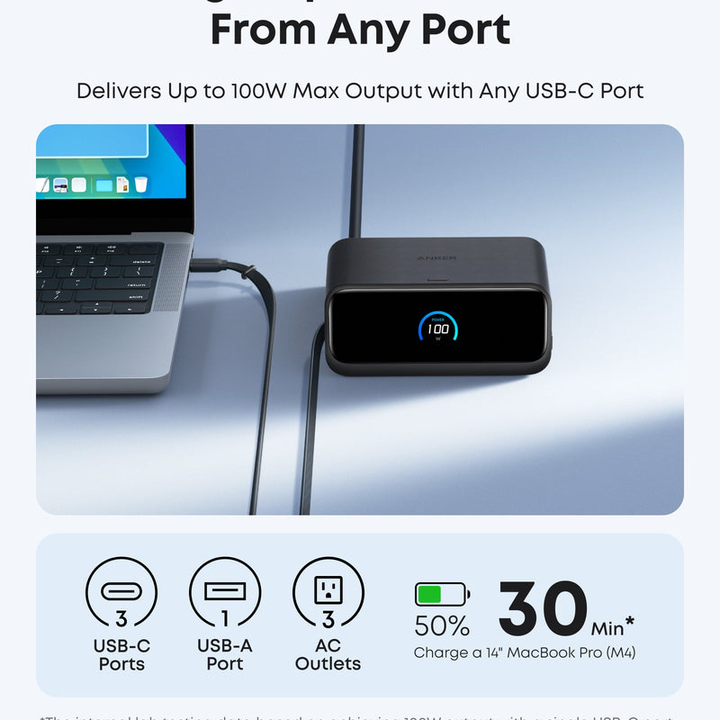 Anker Nano 7-in-1 100W charging station in black with multiple ports for versatile device charging.