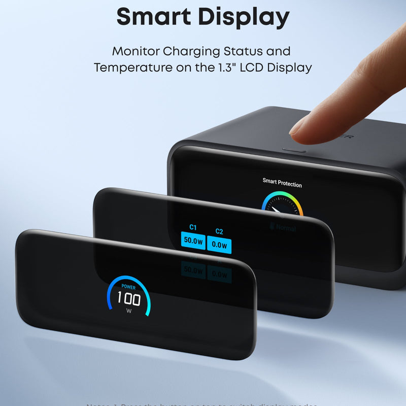 Anker Nano 7-in-1 100W charging station in black with multiple USB ports and wireless charging pad for versatile device charging.