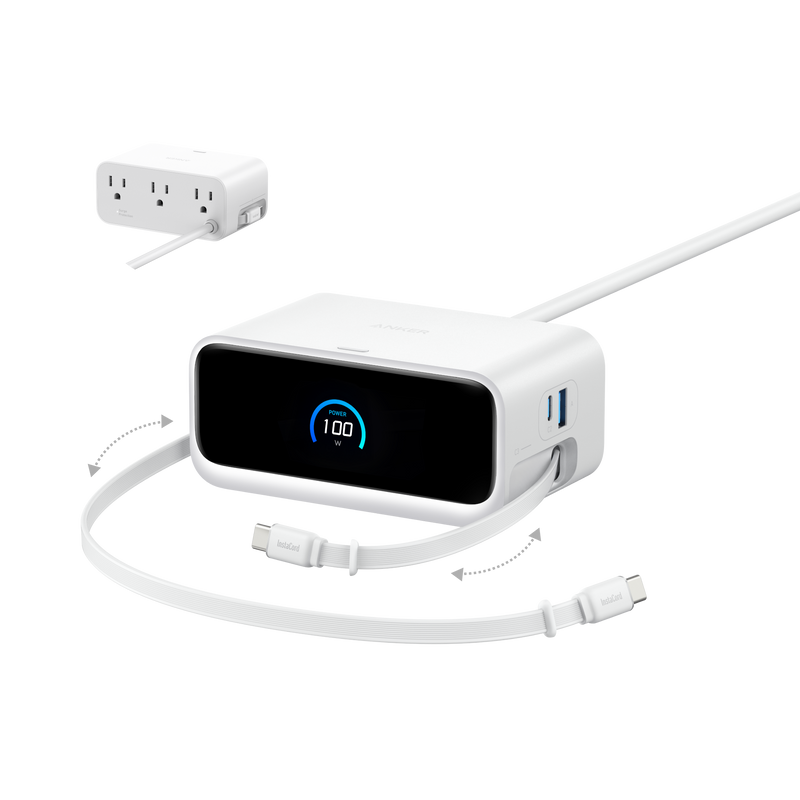 Anker Nano 7-in-1 charging station in black with multiple ports and 100W power output for fast device charging.