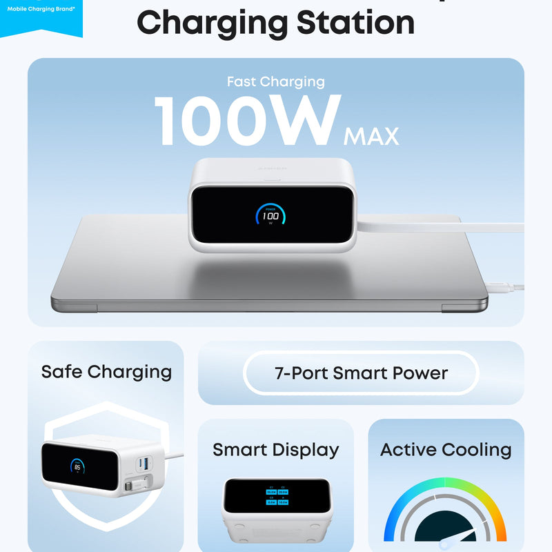 Anker Nano 7-in-1 100W charging station in black with multiple USB ports and power outlets for versatile device charging.