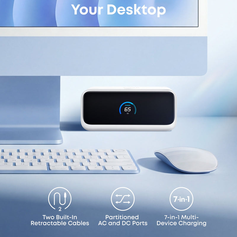 Anker Nano 7-in-1 100W charging station in black with multiple ports for fast device charging and connectivity.