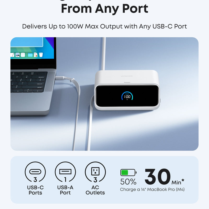 Anker Nano 7-in-1 charging station in black with multiple ports, delivering 100W power for smartphones, tablets, and devices.