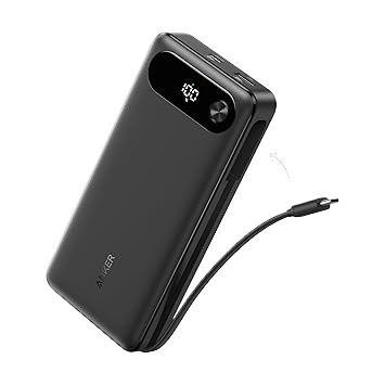 Anker 20K 87W power bank with built-in USB-C cable and black finish, portable external battery for charging devices.