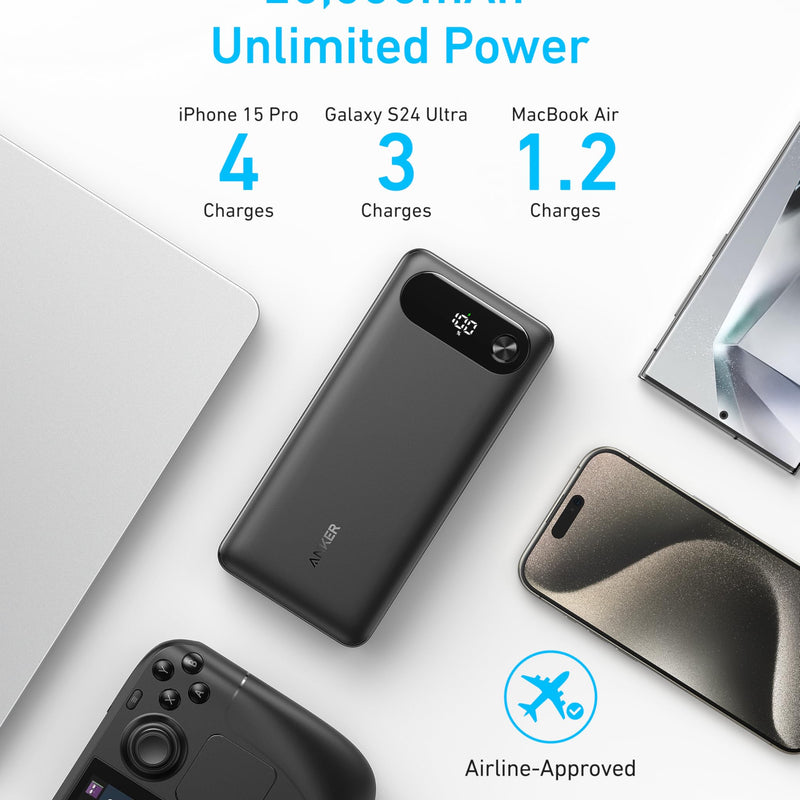 Anker Power Bank 20K with 87W output and built-in USB-C cable, black portable charger for smartphones and devices.