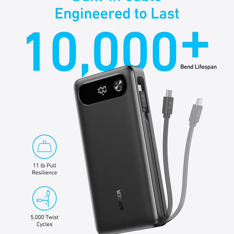 Black Anker Power Bank with 20,000mAh capacity, 87W output, and built-in USB-C cable for fast charging.