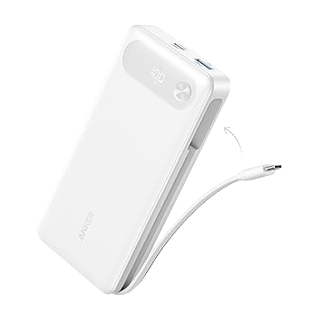 Black Anker Power Bank 20K with 87W output and built-in USB-C cable for portable device charging.