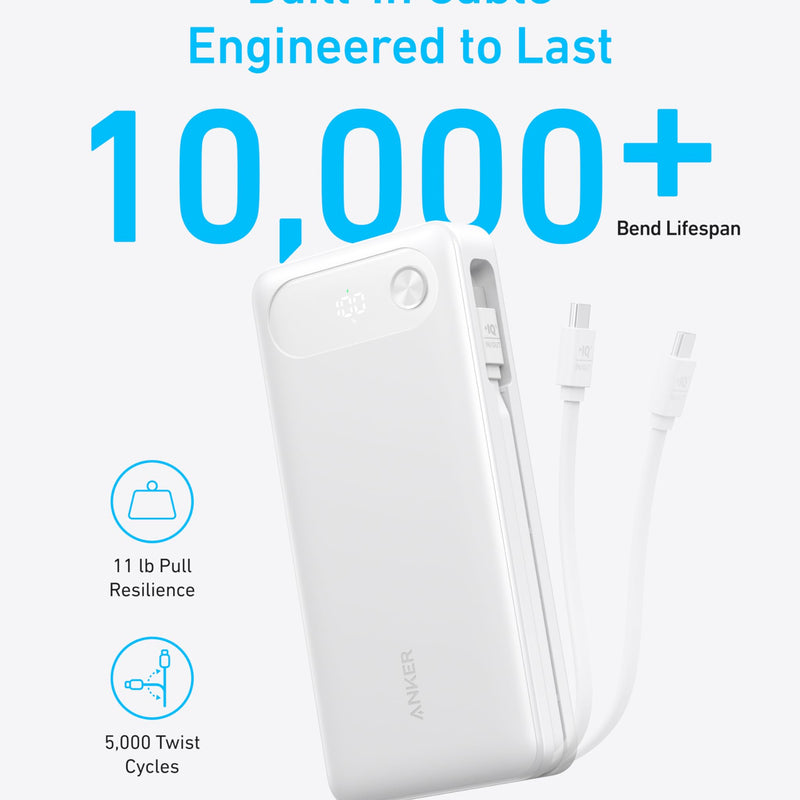 Black Anker Power Bank with 20,000mAh capacity, 87W output, and built-in USB-C cable for portable charging.
