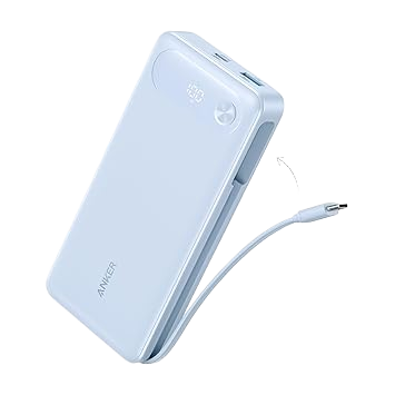 Anker 20K Power Bank with 87W output and built-in USB-C cable, black portable charger for smartphones and devices.