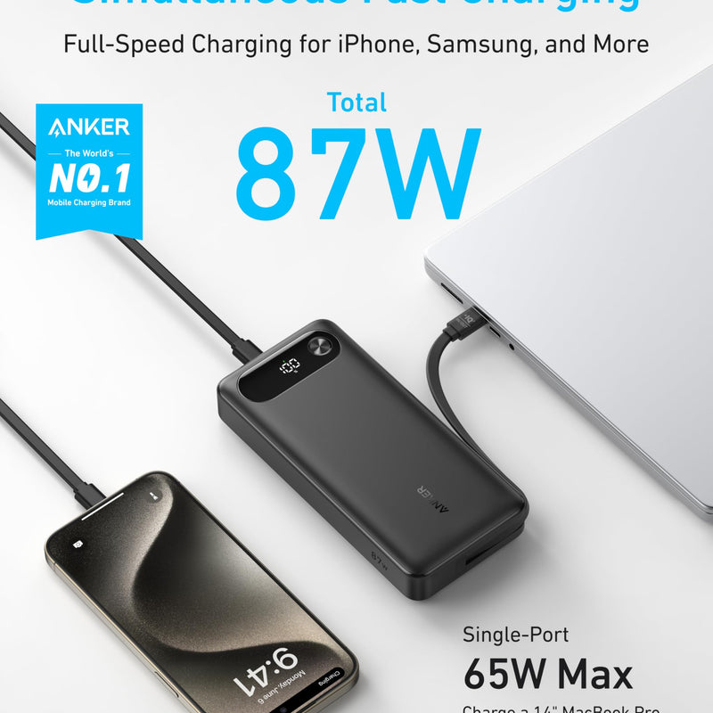 Black Anker Power Bank with 20,000mAh capacity, 87W output, and built-in USB-C cable for charging devices.