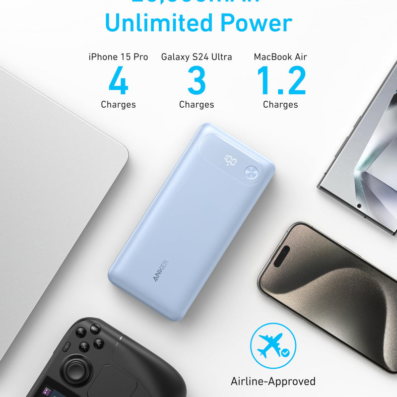 Black Anker Power Bank 20K with 87W output and built-in USB-C cable, portable portable charger for smartphones and devices