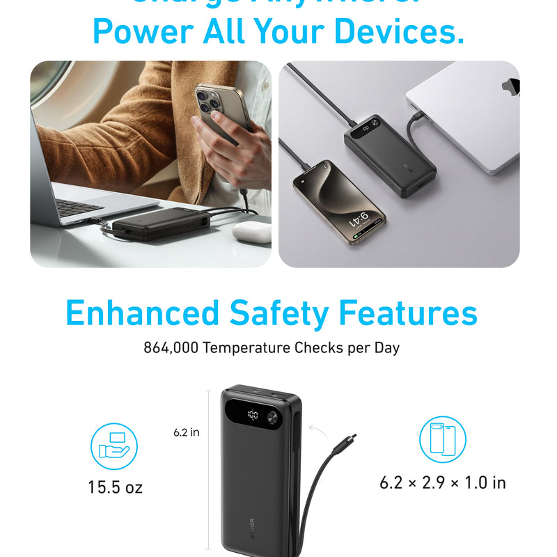 Black Anker Power Bank 20K with 87W capacity and built-in USB-C cable for fast charging and portable power.