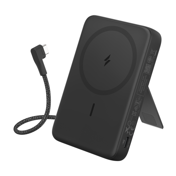 Anker Zolo magnetic power bank in black with 10,000mAh capacity, 30W charging, and built-in USB-C cable for portable charging.