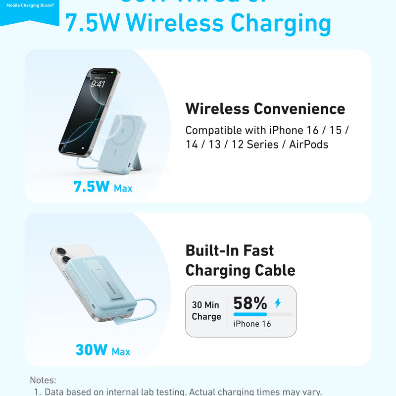 Anker Zolo Magnetic Power Bank 10K with built-in USB-C cable and 30W charging, black portable battery for on-the-go charging.