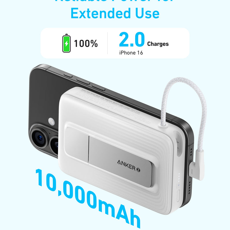 Anker Zolo Magnetic Power Bank in black with built-in USB-C cable, 10KmAh capacity, 30W fast charging, portable device charger