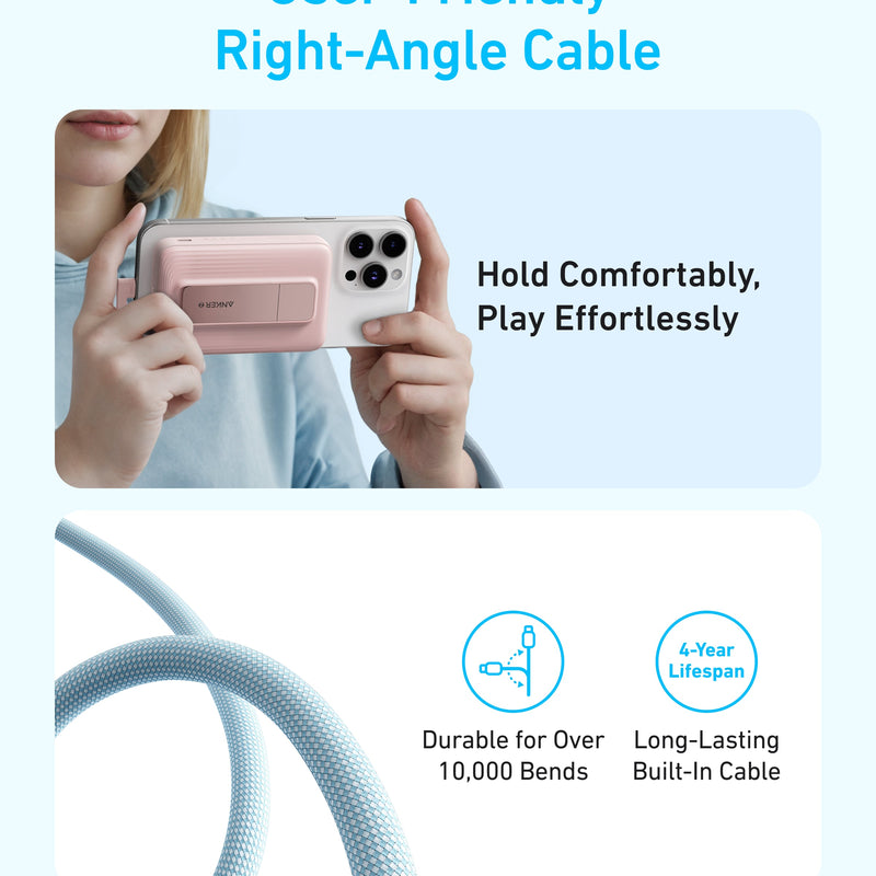 Anker Zolo magnetic power bank in black with 10,000mAh capacity, 30W charging, and built-in USB-C cable for portable charging.