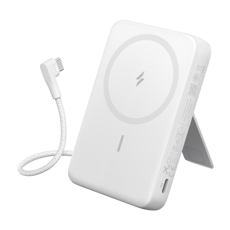 Anker Zolo magnetic power bank in black with 10,000mAh capacity, 30W power output, and built-in USB-C cable for charging devices.