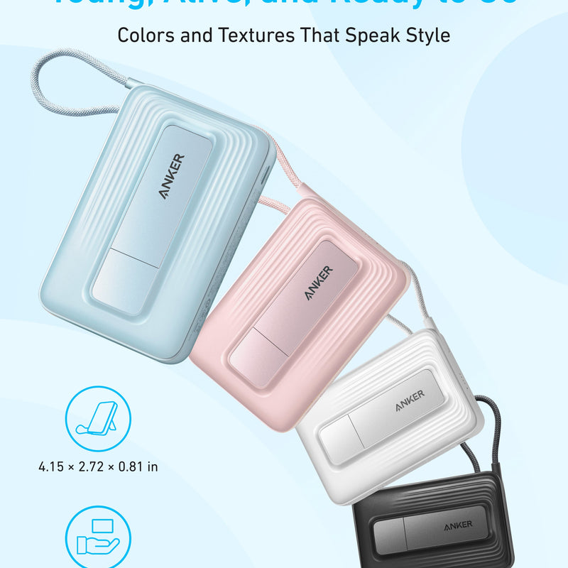Anker Zolo Magnetic Power Bank 10K with 30W output and built-in USB-C cable, black portable charger for smartphones and devices.