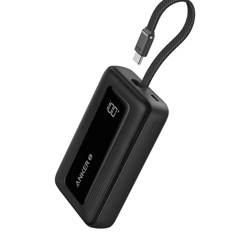 Black Anker Zolo Power Bank 10K with 30W charging and 5.4-inch built-in USB-C cable, portable external battery for devices.