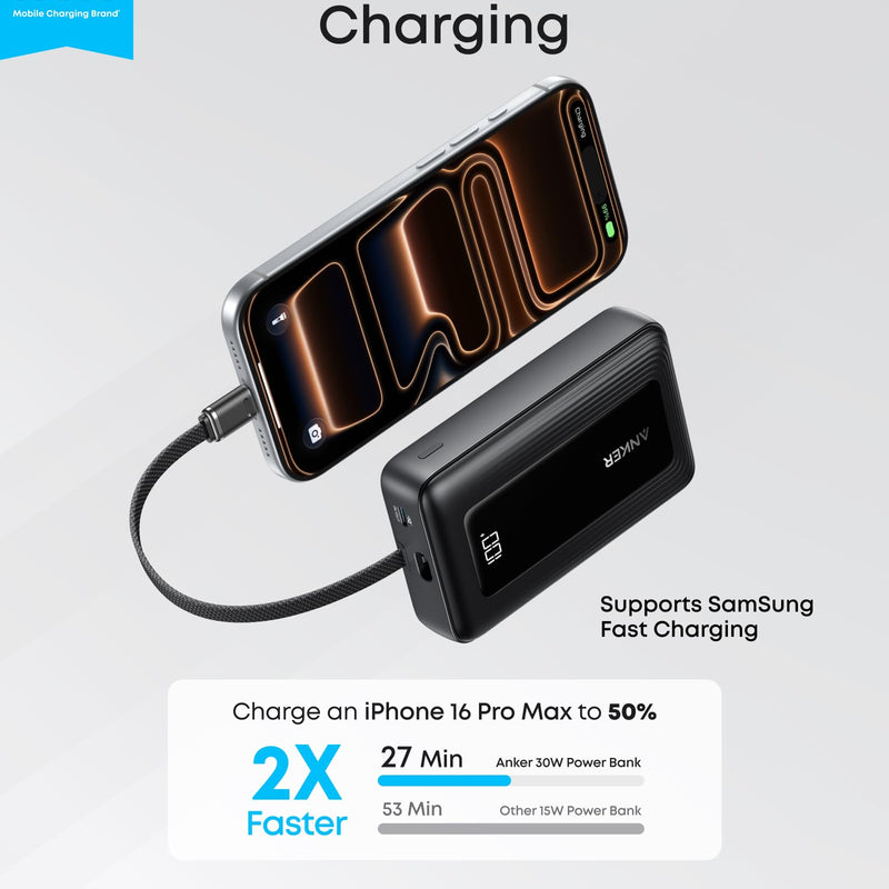 Anker Zolo Power Bank 10K with 30W, black portable charger featuring a built-in 5.4-inch USB-C cable for easy device charging.