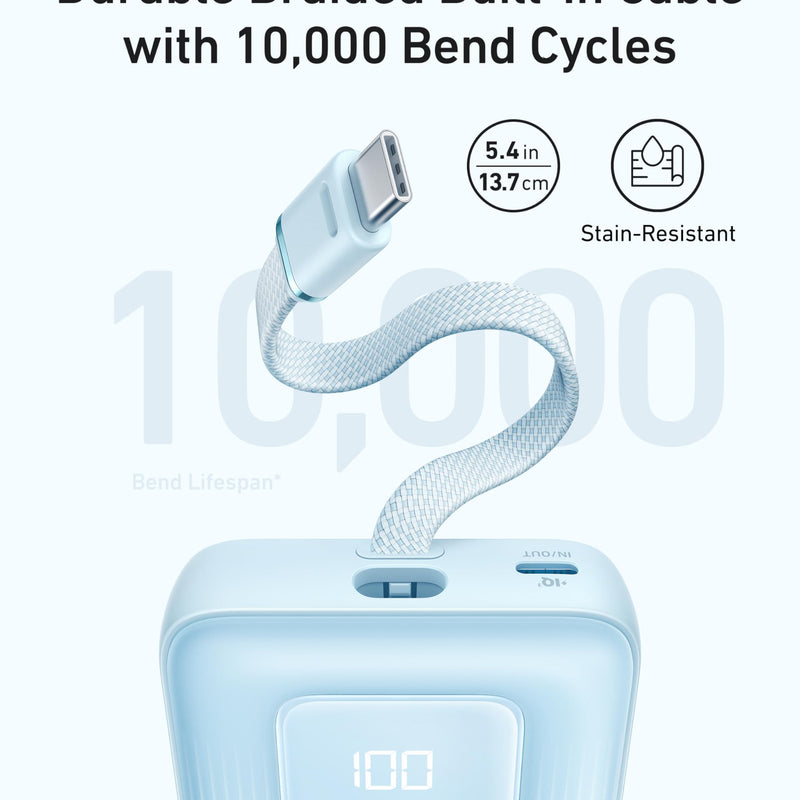 Black Anker Zolo Power Bank with 10,000mAh capacity, 30W output, and a built-in 5.4-inch USB-C cable for charging devices.
