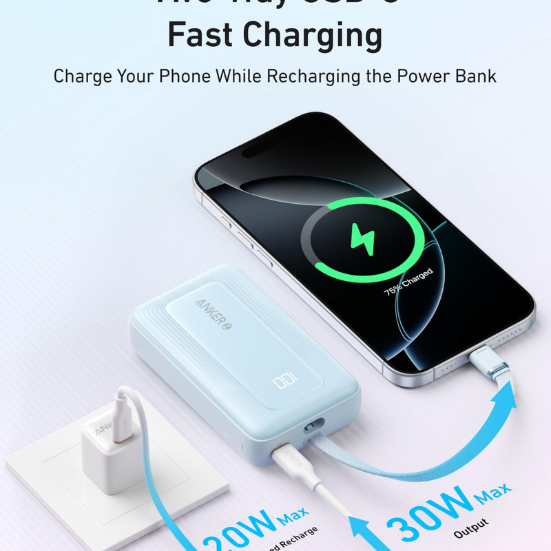 Anker Zolo Power Bank 10K with 30W output and built-in 5.4-inch USB-C cable, compact black portable charger.