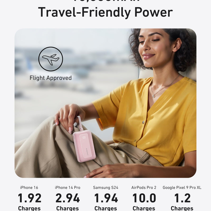 Black Anker Zolo Power Bank with 10K capacity, 30W power output, and a built-in 5.4-inch USB-C cable for portable charging.