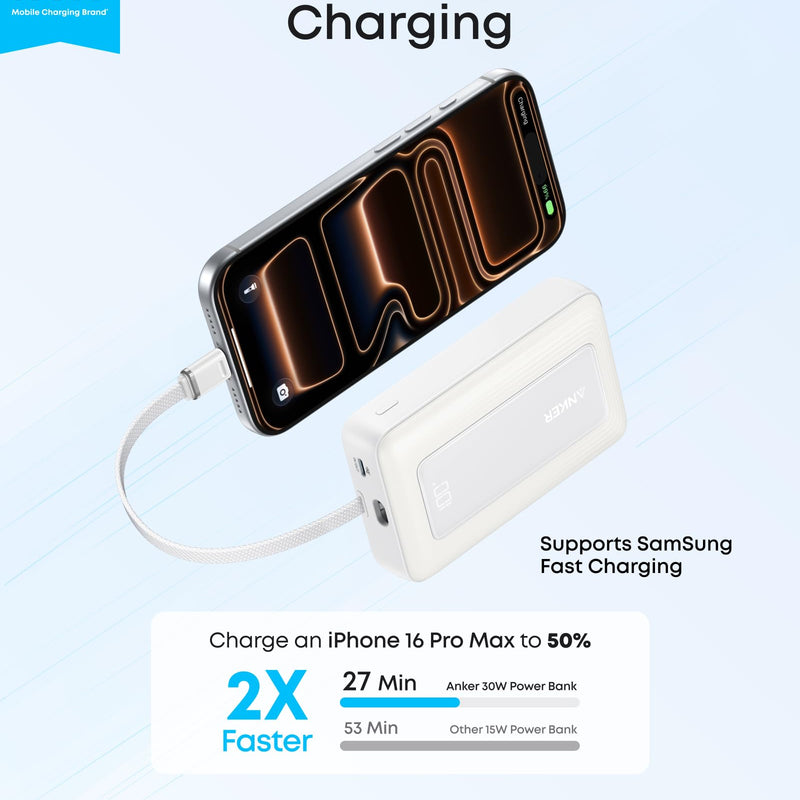 Anker Zolo 10KmAh Power Bank with 30W output and built-in 5.4-inch USB-C cable, black portable charger for smartphones.