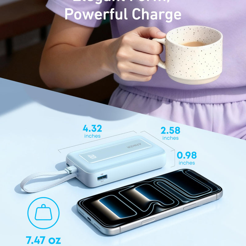 Anker Zolo Power Bank 10K with 30W output and built-in 5.4-inch USB-C cable, black portable charger for devices