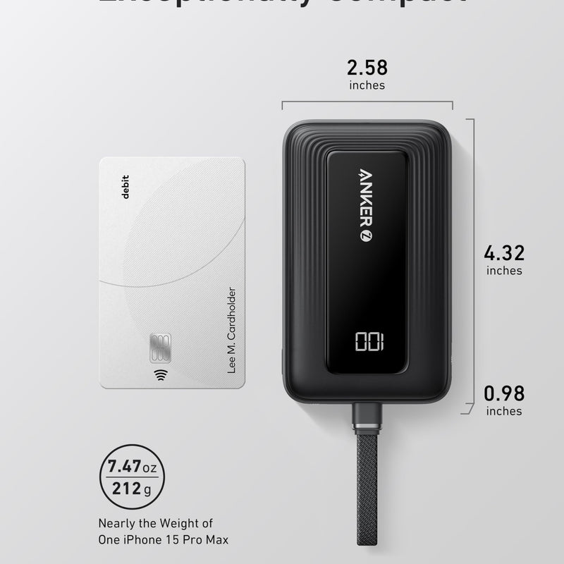 Anker Zolo Power Bank 10K with 30W charging and built-in 5.4-inch USB-C cable, compact black portable charger.