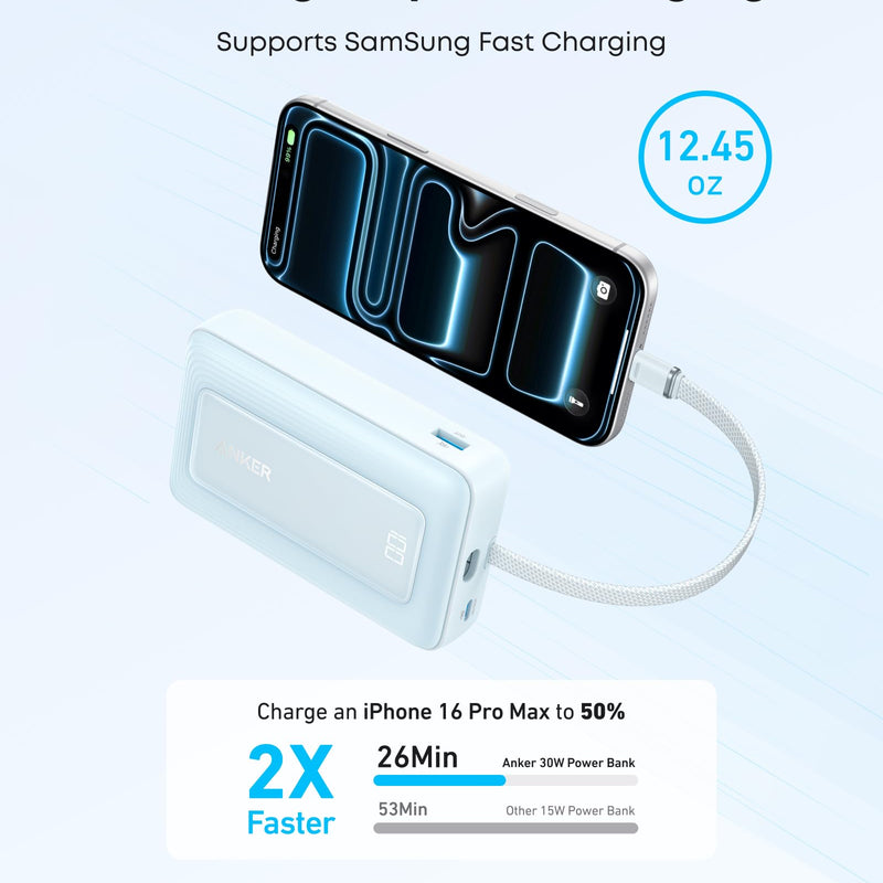 Anker Zolo Power Bank 10K with 30W output and built-in 5.4-inch USB-C cable, compact black portable charger