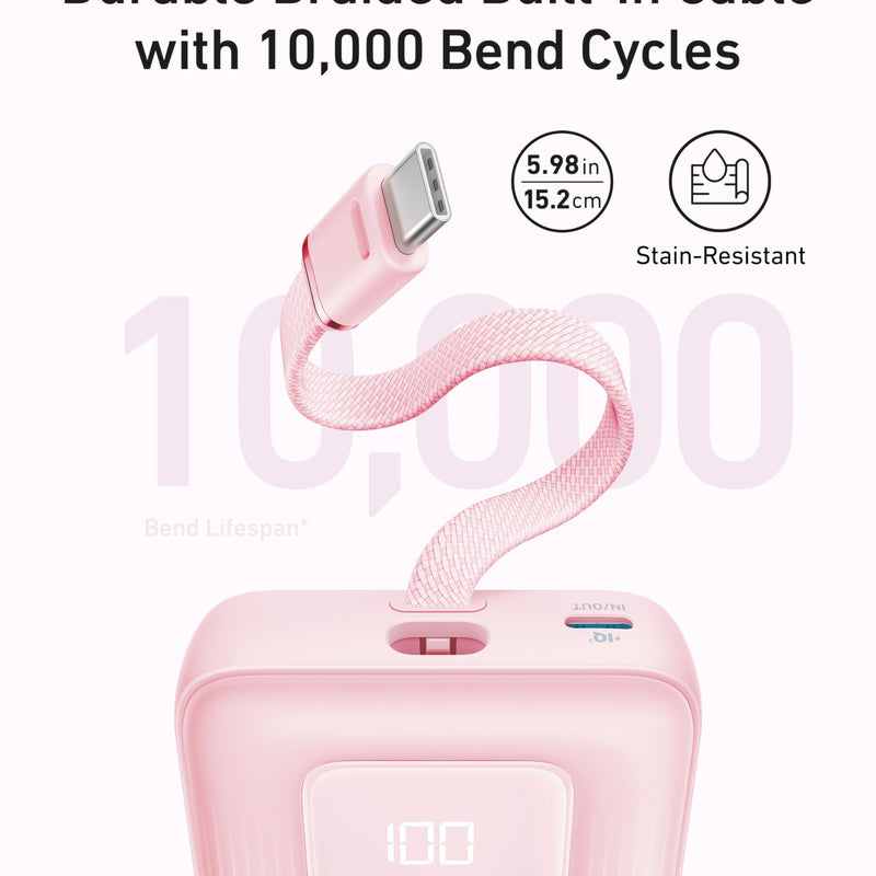 Anker Zolo 10Km 30W power bank with built-in 5.4-inch USB-C cable, black portable charger for smartphones and devices.