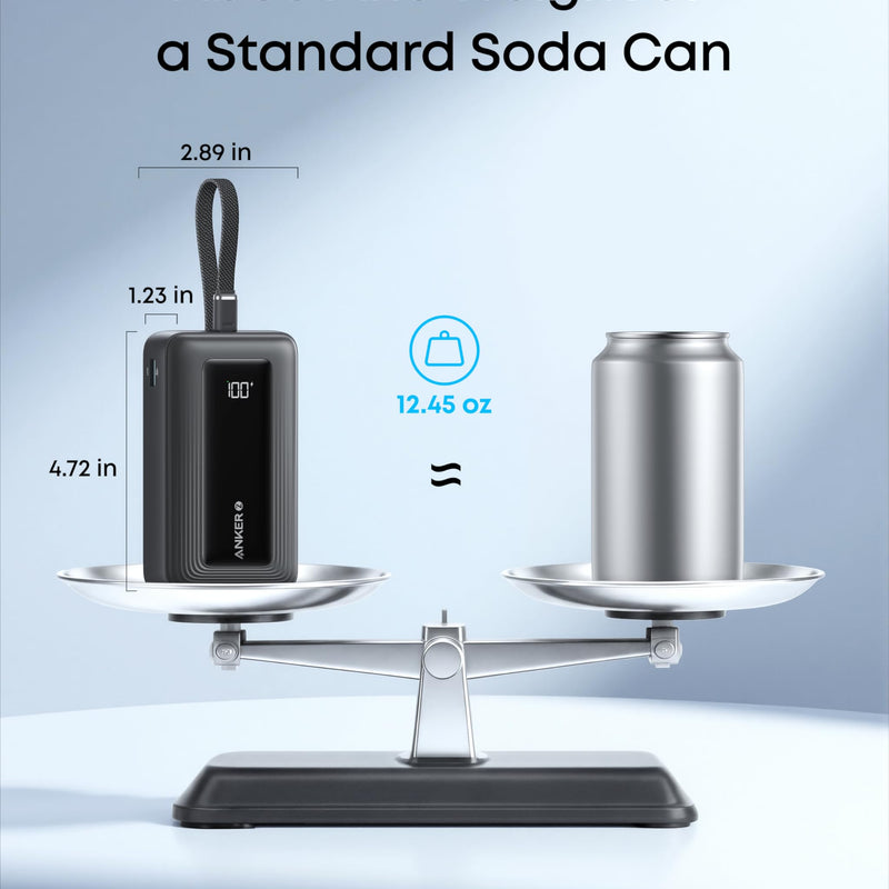 Anker Zolo Power Bank 10K with 30W output and built-in 5.4-inch USB-C cable, black portable charger for devices.