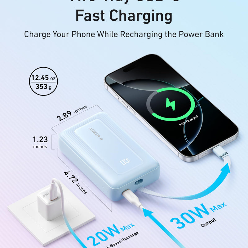 Anker Zolo Power Bank 10K with 30W output and built-in 5.4-inch USB-C cable in black, portable and compact for on-the-go charging.