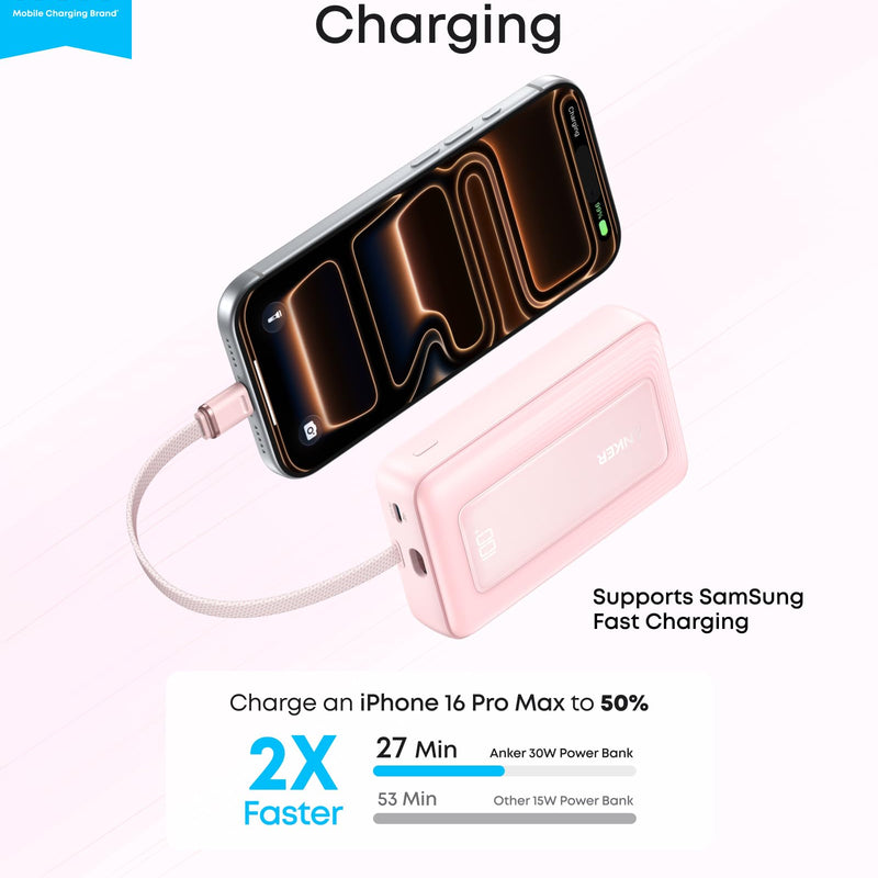 Anker Zolo Power Bank 10K with 30W output and built-in 5.4-inch USB-C cable, black portable charger for smartphones and devices.