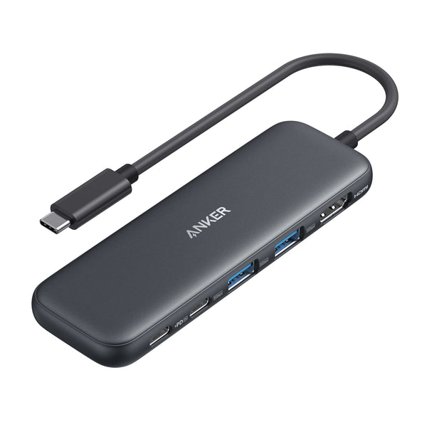 Refurbished Anker 332 5-in-1 USB-C Hub showing multiple ports including HDMI, USB-A, and USB-C on a black device.