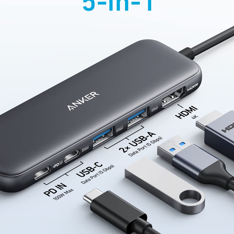 Refurbished black Anker 332 USB-C Hub 5-in-1 with multiple ports for laptop connectivity and data transfer.