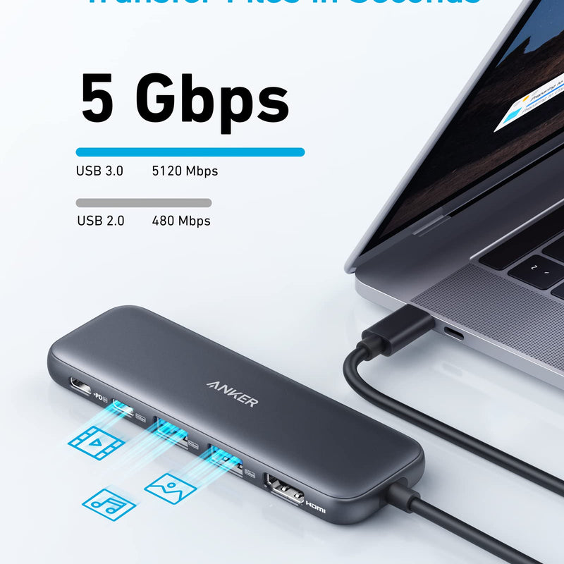 Refurbished Anker 332 USB-C Hub 5-in-1 in black showing multiple ports and sleek design for versatile connectivity.