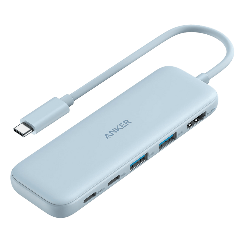 Refurbished Anker 332 USB-C Hub 5-in-1 with multiple ports, black compact design, and sleek build for versatile connectivity.